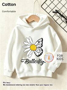 Kids Hooded Sweatshirt, Daisy Butterfly Combine Butterfly Letter Graphic Print Thick Fleece Lined Pullover For Kids - White - View 9