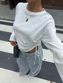 Women's Pure Cotton Long Sleeve T-Shirt, Round Neck, Side Drawstring Ruched Asymmetrical Hem, Cropped Y2K Casual Top - Off White - View 6