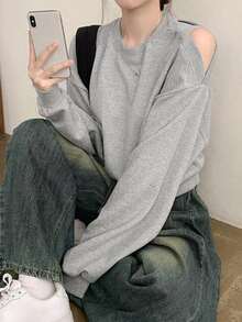 YCYC Spring/Autumn Solid Color Long Sleeve Off-Shoulder Pullover T-Shirt - Grey - View 5