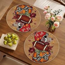 1/4/6pcs Autumn Collection American Football & Pumpkin Hand-Painted Pattern Placemats, Polyester Fiber, Suitable For Home Kitchen Table Decoration And Party Scene Decor - Multicolor - View 3