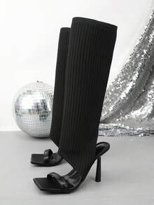 Women's Square Toe Knitted Knee-High Boots, Stiletto High Heel Evening Boots - Black - View 8