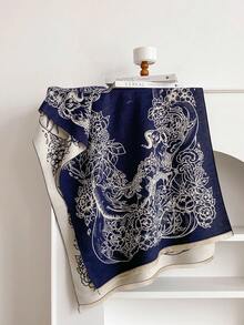 1pc Faux Cashmere Elegant Design Floral Pattern Jacquard Warm Scarf For Women, Air Conditioning Room Blanket, Autumn/Winter Outdoor Travel Cold Protection Neck Warmer, Soft Decorative Scarf Shawl Dual-Use, Suitable For Daily Matching, First Choice For Gifts - Navy Blue - View 2