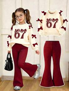 Young Girl Number Print Round Neck Long Sleeve Top And Flared Pants Set - Apricot - View 1