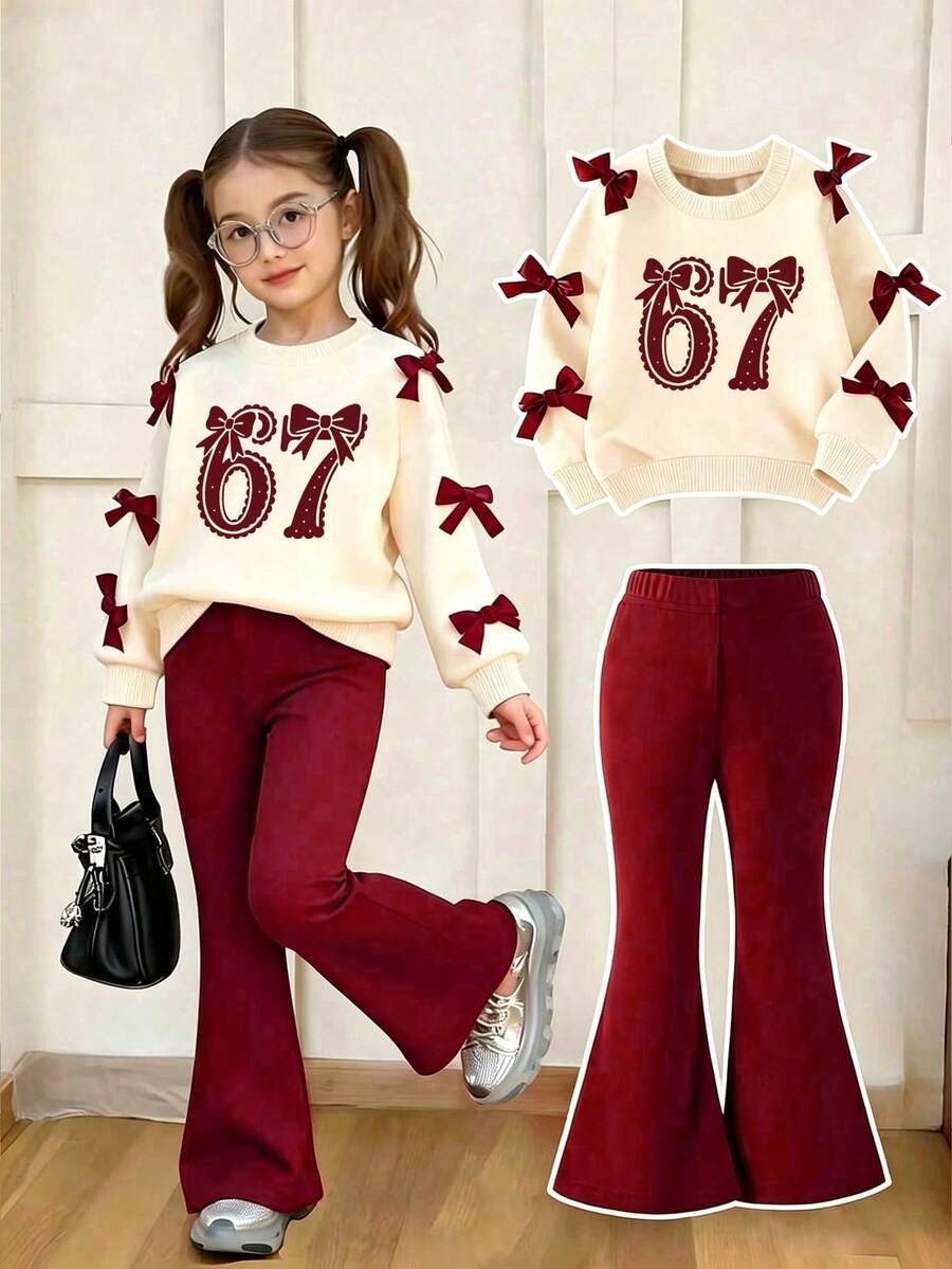 Young Girl Number Print Round Neck Long Sleeve Top And Flared Pants Set - Apricot - View 1
