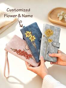 1 buah Dompet Bunga Kelahiran yang Dipersonalisasi, Dompet Panjang Kulit PU dengan Nama Kustom, Dompet Clutch Wanita dengan Resleting, Gaya Retro, Hadiah untuk Ibu, Istri & Teman - MultiWarna - View 3