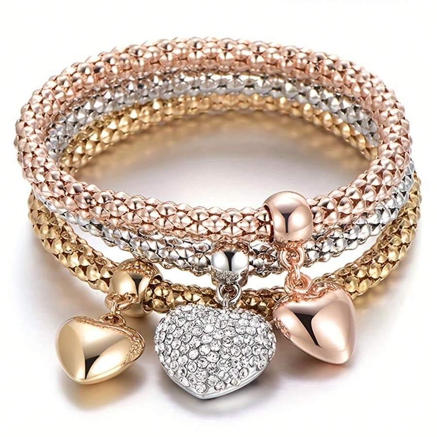 3pcs Metallic Style Women's Bracelet Set With 3 Heart Pendants, Multi-Layer Stackable, Autumn/Winter Accessory, New Year Gift, Valentine's Day Gift - Multicolor - View 1