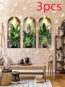 3pcs Arched Niche Green Plant Wall Sticker, 2D Waterproof Self-Adhesive Tropical Plant Wall Niche Art Sticker, Suitable For Living Room, Entryway, Wall Decor And Home Decor. - A - View 13