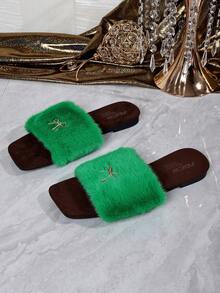 Women's Autumn/Winter Fashion Fuzzy One-Strap Slides, Metal Bow Decor Open Toe Flat Slippers, Soft Comfortable Home & Outdoor Fuzzy Slippers - Green - View 1