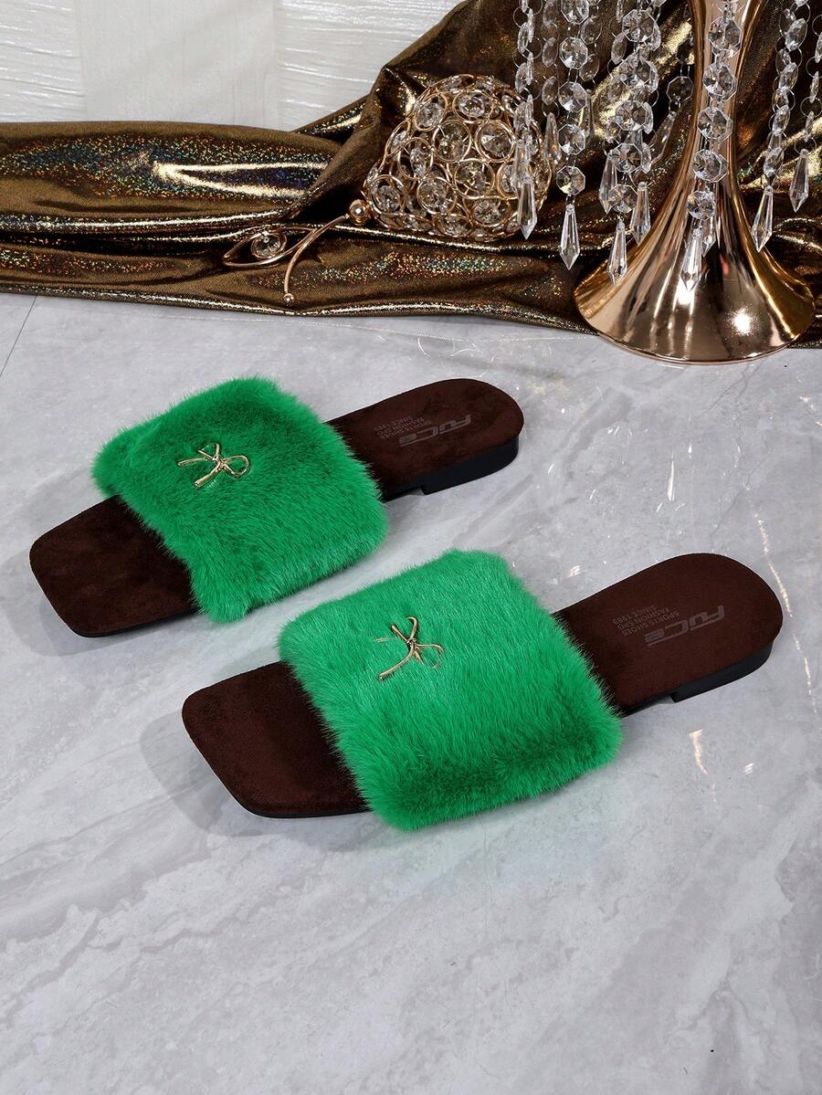 Women's Autumn/Winter Fashion Fuzzy One-Strap Slides, Metal Bow Decor Open Toe Flat Slippers, Soft Comfortable Home & Outdoor Fuzzy Slippers - Green - View 1