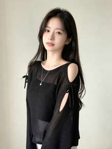 YCYC Korean Style Loose Sheer Shoulder Cutout Long Sleeve Knit Sweater Top With Dropped Shoulders Black Fall - Black - View 6
