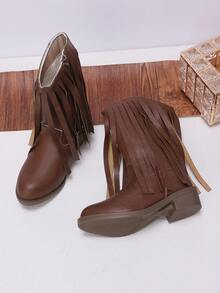 Sepatu Bot Koboi Barat Modis dan Lucu dengan Rumbai untuk Anak Perempuan, Resleting Samping Setengah Betis, Musim Gugur Musim Dingin - Coklat - View 5
