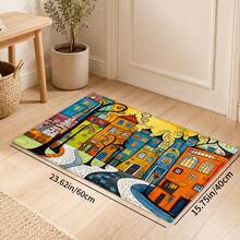 1pc Cartoon Town Pattern Printed Faux Cashmere Kitchen Mat, Absorbent Kitchen Rug, Kitchen Carpet, Long Strip Doormat, Sink Front Mat, Suitable For Kitchen, Bathroom, Entryway, Hallway, Laundry Room And Home Decor - Multicolor - View 11