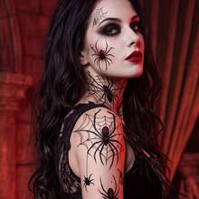 8 Sheets Halloween Spider Web Temporary Tattoo Stickers, Long-Lasting Easy To Apply And Remove, Self-Adhesive Red Black Spider Skull Gothic Face Body Decals For Cosplay Haunted House Carnival Decor - Black - View 5