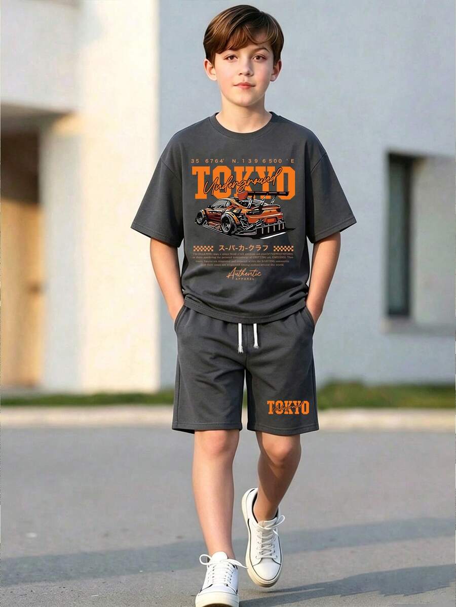 青少年男孩赛车图案印花圆领短袖T恤和短裤套装 - 深灰色 - 查看 1