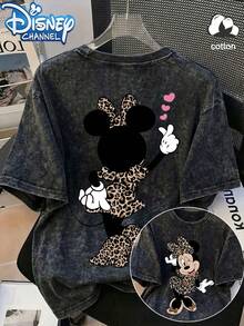 Start Cotton Disney Women's Loose T-Shirt, Cute "Minnie" Pattern Printed Street Y2k Fashion Black Large Washed Round Neck Short Sleeve T-Shirt - Black - View 2