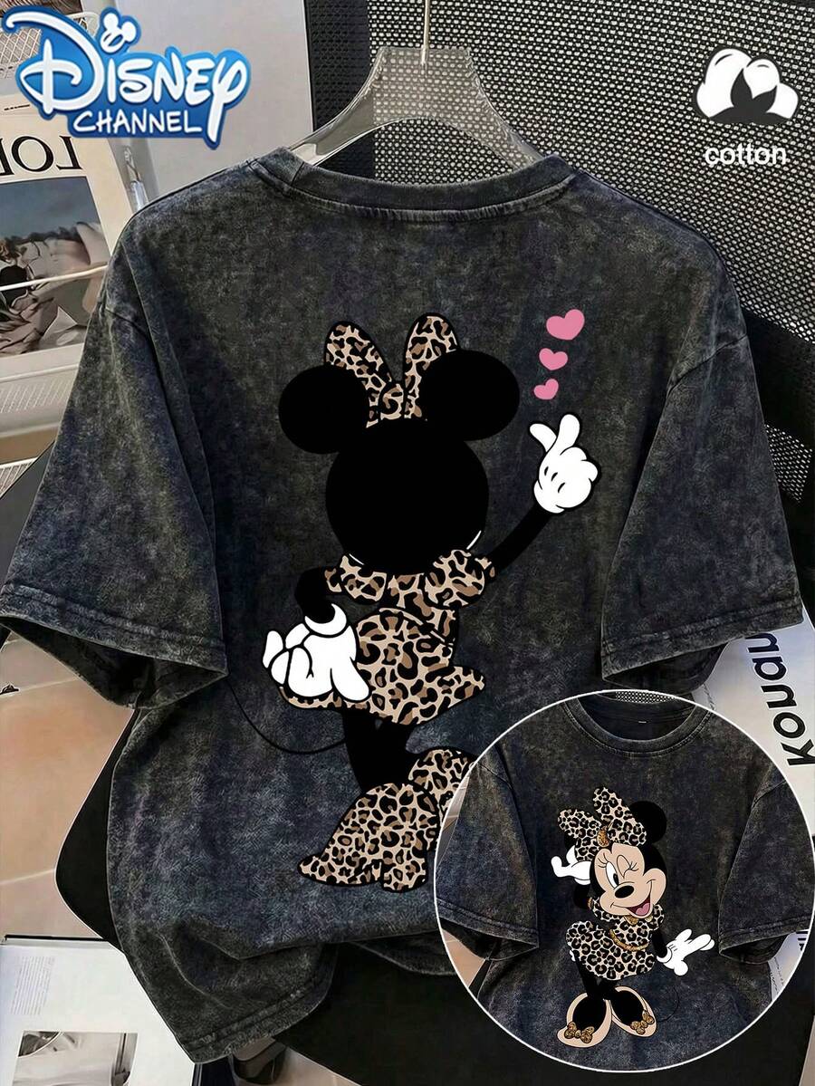 Start Cotton Disney Women's Loose T-Shirt, Cute "Minnie" Pattern Printed Street Y2k Fashion Black Large Washed Round Neck Short Sleeve T-Shirt