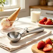 Stainless Steel Ice Cream Scoop With Trigger Release, 18/0 Non-Stick Round Cookie Scoop For Baking, Ergonomic Non-Slip Long Handle Ice Cream Scoop, Spherical Melon Baller Kitchen Tool For Desserts - Silver - View 2