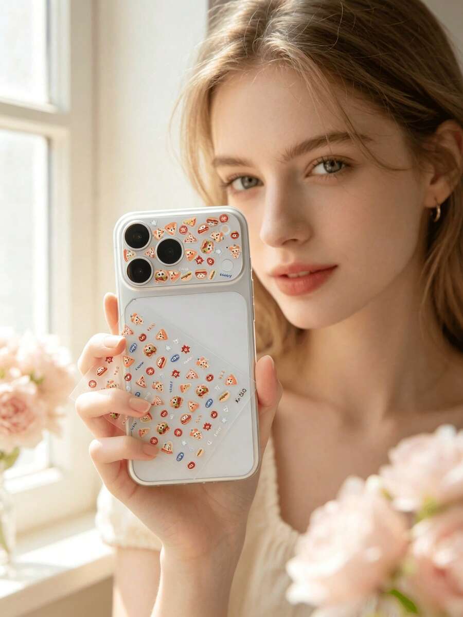 1pc Kawaii Aesthetic Fast Food Pizza Burger DIY Sticker+2pcs Lens Camera Protective Film Anti-Scratch Soft Lens Protector Compatible With IPhone 18promax/18Pro/17promax/17Pro - Lens Sticker 7 - View 1