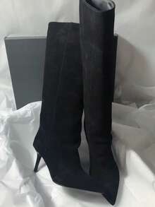 French Blogger Style Pointed Toe Wide Shaft Knee-High Boots, Nordic Kitten Heel Riding Boots For Women - Black - View 12