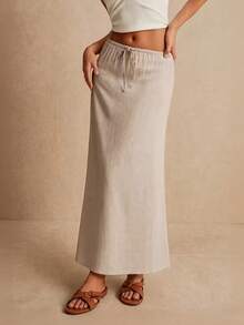 Casual Elegant Women's Solid Color Minimalist Waist Tie Fashion Versatile Simple Skirt - Apricot - View 2