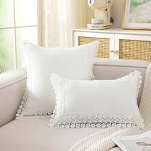 ABEST6522 Home&Living store 1pc 100% Polyester Lace Trim Pillow Case, Faux Linen Texture Solid Color Cushion Cover, Square Rectangle Suitable For Sofa, Bedroom, Living Room Home Decor, Pillow Insert Not Included - White - View 8