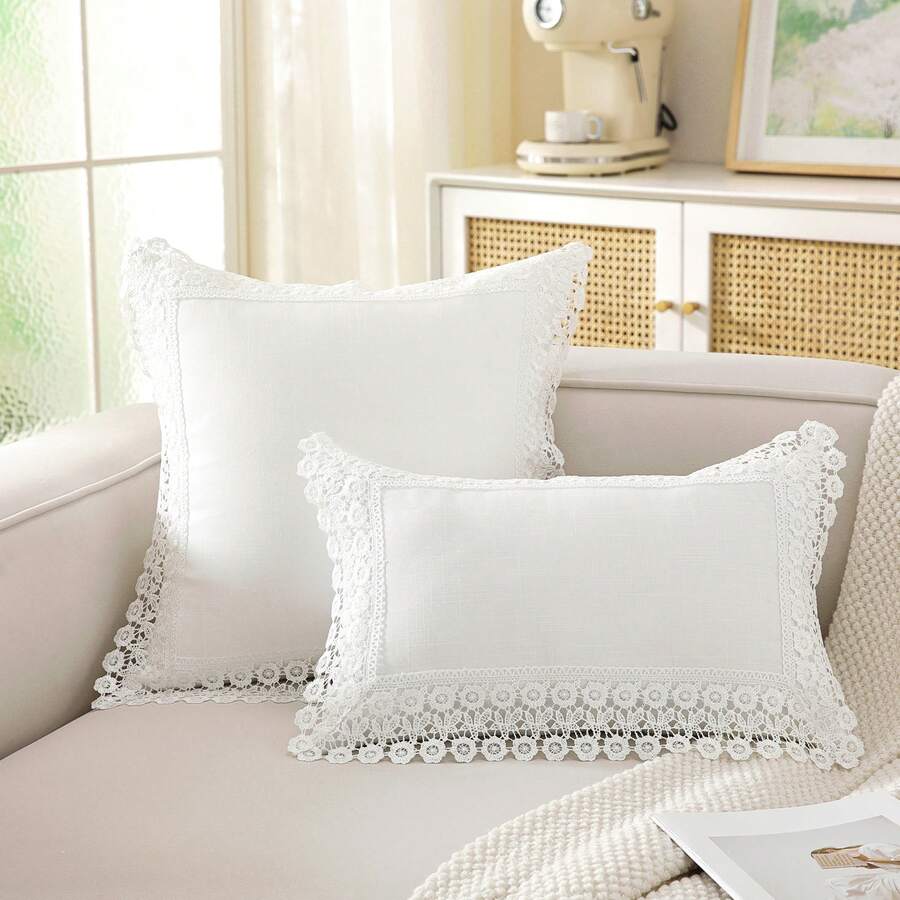 ABEST6522 Home&Living store 1件 100%聚酯纖維蕾絲飾邊枕套,仿亞麻紋理純色靠墊套,正方形長方形適用於沙發、臥室、客廳家居裝飾,不含枕芯 - 白色 - 查看 1