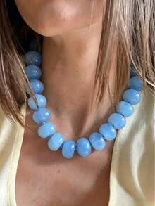 1 pieza Collar de cuentas exagerado de color caramelo de dopamina minimalista de moda para mujer, versátil para uso diario. Adecuado para todo el año para ocasiones diarias, fiestas y vacaciones. - Collar de cuentas azul cielo - Ver 3