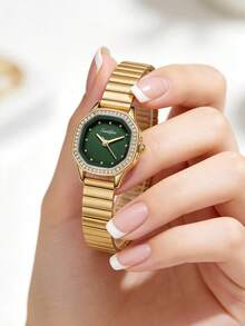1pc Women's Octagonal Vintage Luxury Quartz Watch, Gold Alloy Case With Rhinestone Bezel, Minimalist Dial, Elegant Gold Alloy Strap - Green - View 3