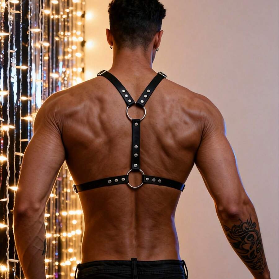 Men's PU Leather Body Harness, Adjustable Rivet Metal O-Ring Strap Accessory, Suitable For Halloween Cosplay, Carnival Party, Nightclub Party - Black - View 1