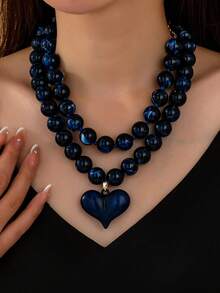 OABE 2pcs/Set Bohemian Style Heart Pendant With Blue Beaded Layered Necklace Set, Suitable For Women's Daily Wear, Holiday/Anniversary Surprise Gift - Navy Blue - View 2