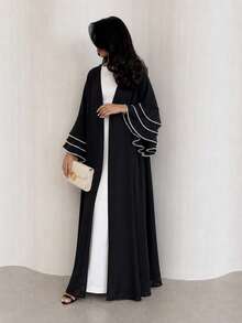 Hafizah Modest Elegant Black Long Sleeve Women's Robe, Decorated With Pearl Beaded Details, Long Woven Fabric. Hijab Not Included - Black - View 1