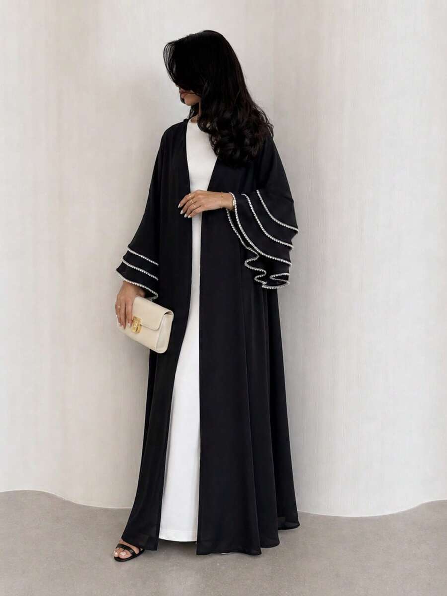 Hafizah Modest Elegant Black Long Sleeve Women's Robe, Decorated With Pearl Beaded Details, Long Woven Fabric. Hijab Not Included - Black - View 1