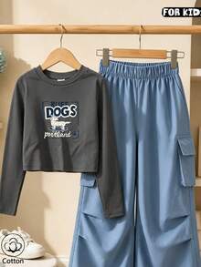 تي شيرت كاجوال للأطفال بأكمام طويلة مع طباعة كلب كرتوني و'DOGS Portland'، قماش ناعم وقابل للتنفس بقصة عادية وياقة دائرية للارتداء اليومي في الربيع والخريف - رمادي - مشاهدة 1