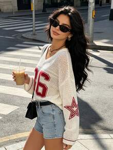 Ladies' Summer Couples Matching Oversized Sweatshirt, Loose Casual Numeric Print Elegant Sheer Knit Top White Spring - White - View 10