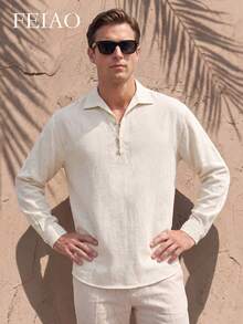Men's Versatile Half-Button Long Sleeve Shirt, Commuter Essential - Apricot - View 4