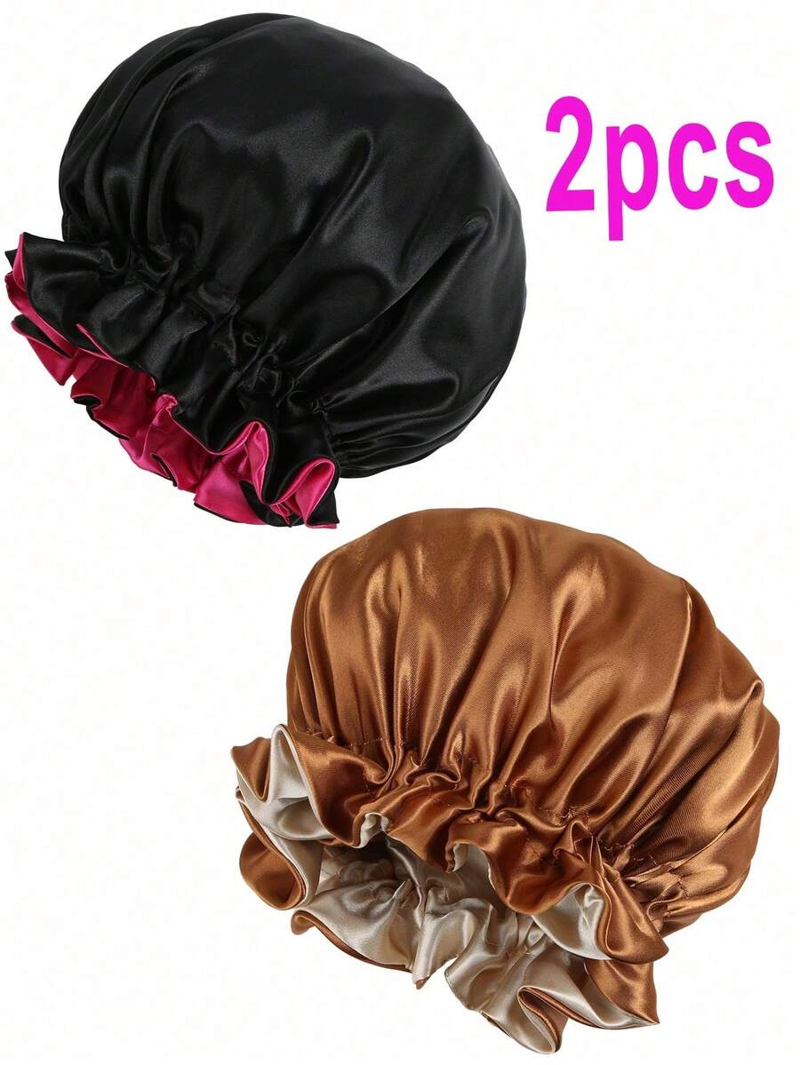 YPGVUO Set 2 Buah Topi Tidur Satin Berumbai Bolak-balik, Topi Tidur Lembut Dua Sisi untuk Perawatan Rambut Malam & Perawatan Kulit di Rumah, Hadiah Liburan Manis untuk Wanita - Hitam - View 1