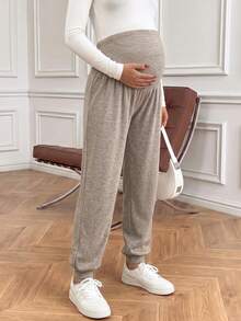 Pregnant Women's High-Stretch Khaki Maternity Jogger Pants: High Waist Belly Support For Work, Lounge & Daily Activities - Khaki - View 3