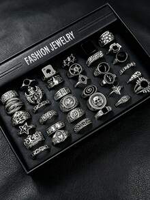 16pcs Gothic Men's Rings Set, Punk Hip Hop Multi-Piece Unisex Finger Rings, Party Vacation Daily Wear Fashion Jewelry Gift, Random Style For Men And Women - Silver - View 2