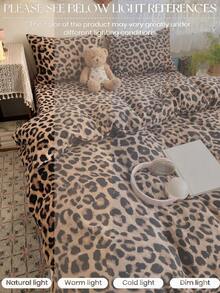 2/3pcs Brown Leopard Print Bedding Set, Soft And Breathable, Wrinkle-Resistant, Improves Sleep Quality, Luxury Hotel Style, Gift For Parents And Friends, Double-Sided Dual-Color Quilted Duvet Cover*1, Pillowcase*1/2, Size Options: Extra Large, Large, Standard Double, Single - Brown - View 4