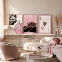 3 Width Leopard Print Cheetah Wall Painting, No. 6 Lucky Pattern Canvas Painting, Pink Girly Style Poster, College Style Luxurious Decoration, Suitable For Bedroom, Living Room, Or Dormitory Decoration, Gift For Her, Frame Not Included - Multicolor - View 3