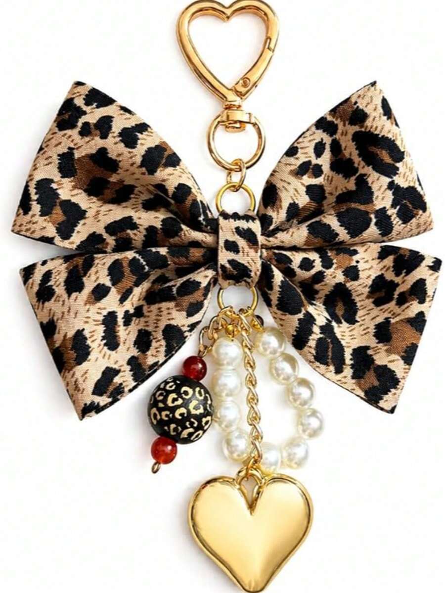 Y2K Leopard Print Bow Bag Charm, Pearl Tassel Heart‑Shaped Keychain Pendant, Gold Heart Hook Backpack Handbag Hanging Ornament For Girl Gift - Bow Knot Pearl Heart Bag Charm - View 1