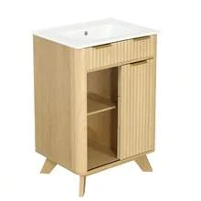 61 Cm Freestanding Bathroom Cabinet With Decorative Wave Design, Warm Natural Wood Tone, 3 Drawers And Sliding Door With Shelf – Faucet Not Included - Natural Color - View 8