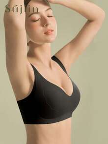 SUJIIN Women Plus Size Jelly-Feel Comfortable Full Coverage Soft Support Push-Up Wireless Seamless Elastic Bra MX219 - Black - View 3
