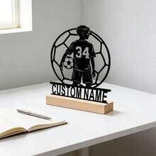 1pc Customized Football Player Sign, Personalized Boy Football Decor With Wooden Stand, Unique Gift For Home, Office, Garage And Birthday Celebration, Home Decoration - Black - View 5