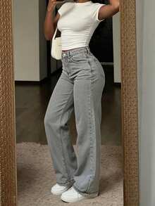 Women's Fashion Vintage Grey Straight Leg Jeans, Loose Drape Slimming Street Style Long Pants - Grey - View 1