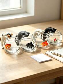 Cute Miniature Cat Catching Fish Figurine; Adorable Cat Catching Fish In Front Of An Aquarium - Perfect For Home/Car Dashboard Decoration. One Random Design. Suitable For Living Rooms, Bedrooms, Desks, Offices, And Other Home Decor. - A - View 4