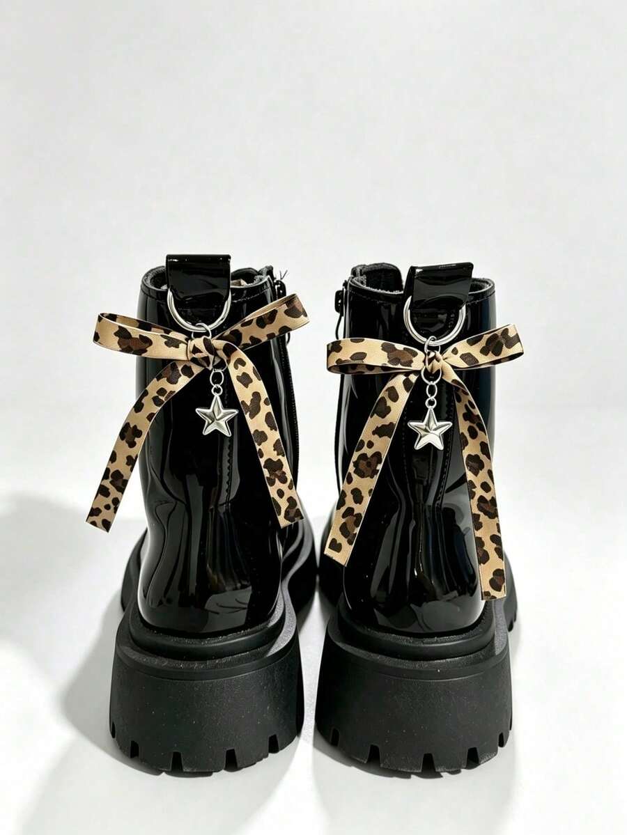 1 Pair American Vintage Leopard Print Bow Knot Personalized DIY Modification White Sneakers Board Shoes Wear-Resistant Decorative Replacement Accessories - Leopard Print - View 1