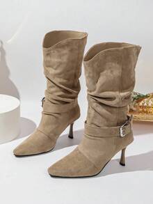 NANBEI ZUO Removable Ankle Strap Buckle Decoration Women's Sleeve Pleated Boots Pointed, Slim High Heels, Single Lining, Mid Top Boots, Versatile For Daily Use - Khaki - View 2