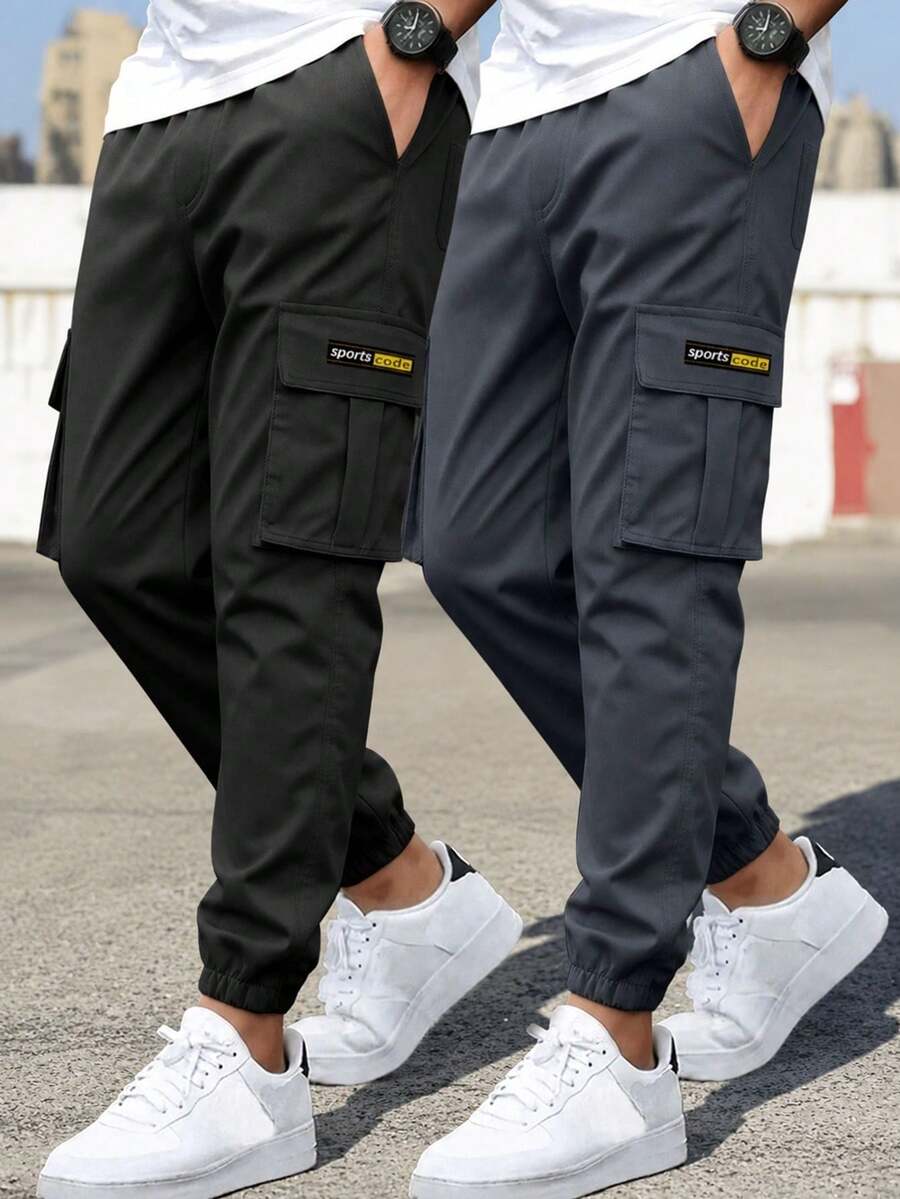 2pcs Tween Boys Casual Sports Outdoor Pocket English Graphic Cargo Pants, Spring/Autumn - Black - View 1