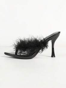 Women's Fluffy Feather Decor Thong High Heel Mule Shoes, Round Toe Open Toe Slip-On Stiletto High Heel Sandals, Party Evening Dress Shoes - Black - View 6